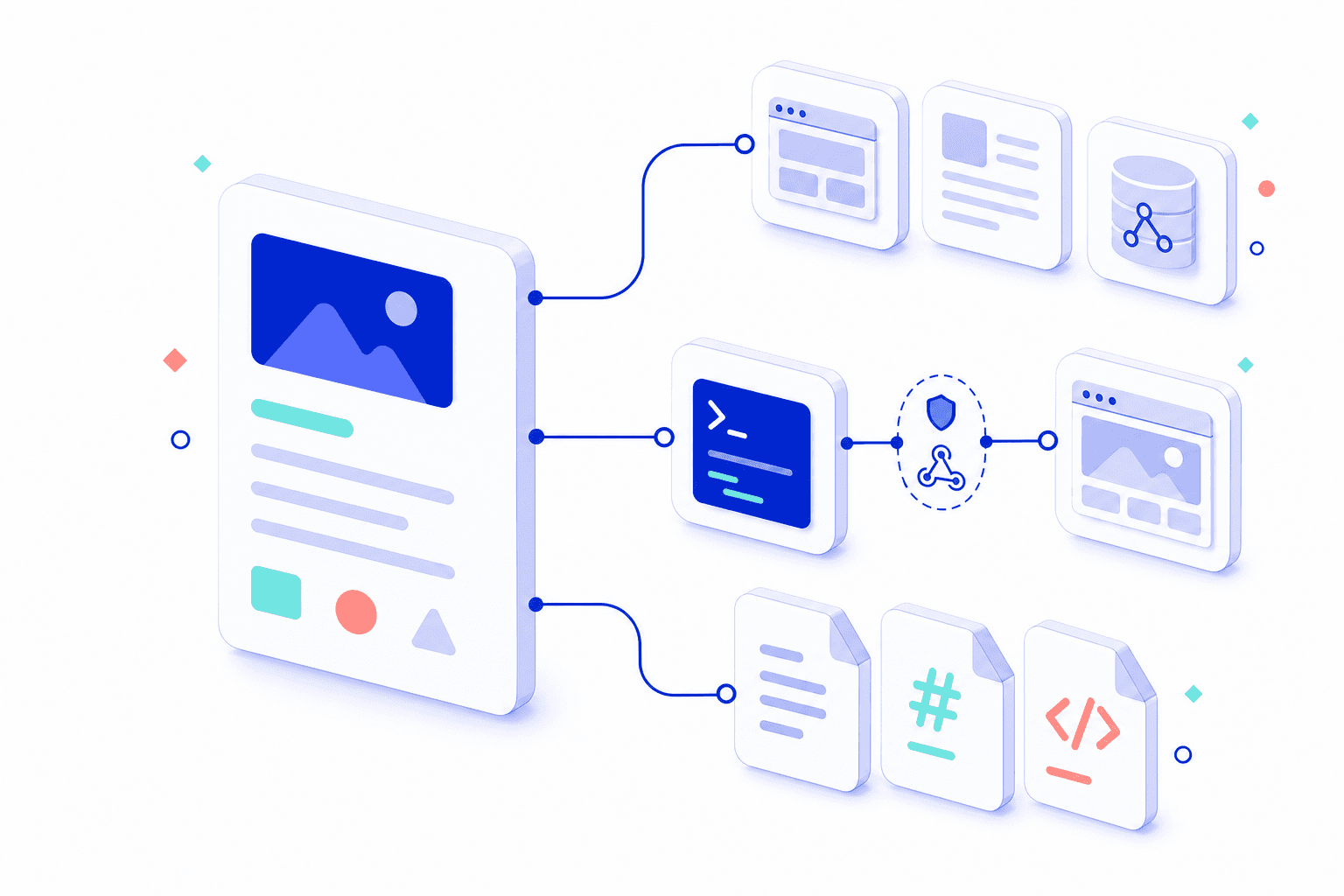 Illustration of one completed page branching to publishing providers, coding-agent custom-site setup, and downloadable content files