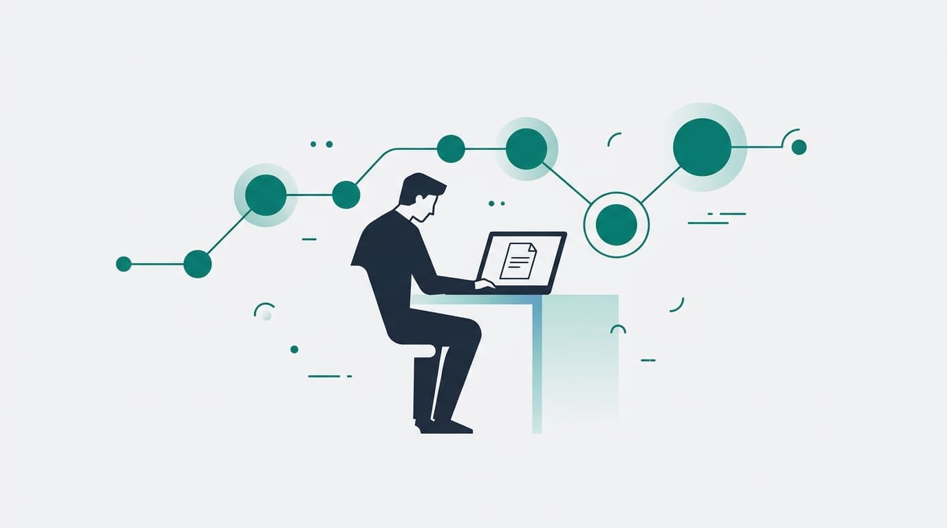 A solo founder at a minimal desk reviews a finished blog post draft while a connected research pipeline flows across the background in teal and light gray tones.