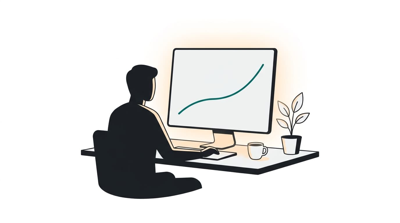 A founder sits at a minimal desk reviewing a monitor displaying a rising teal line chart over a 90-day period.