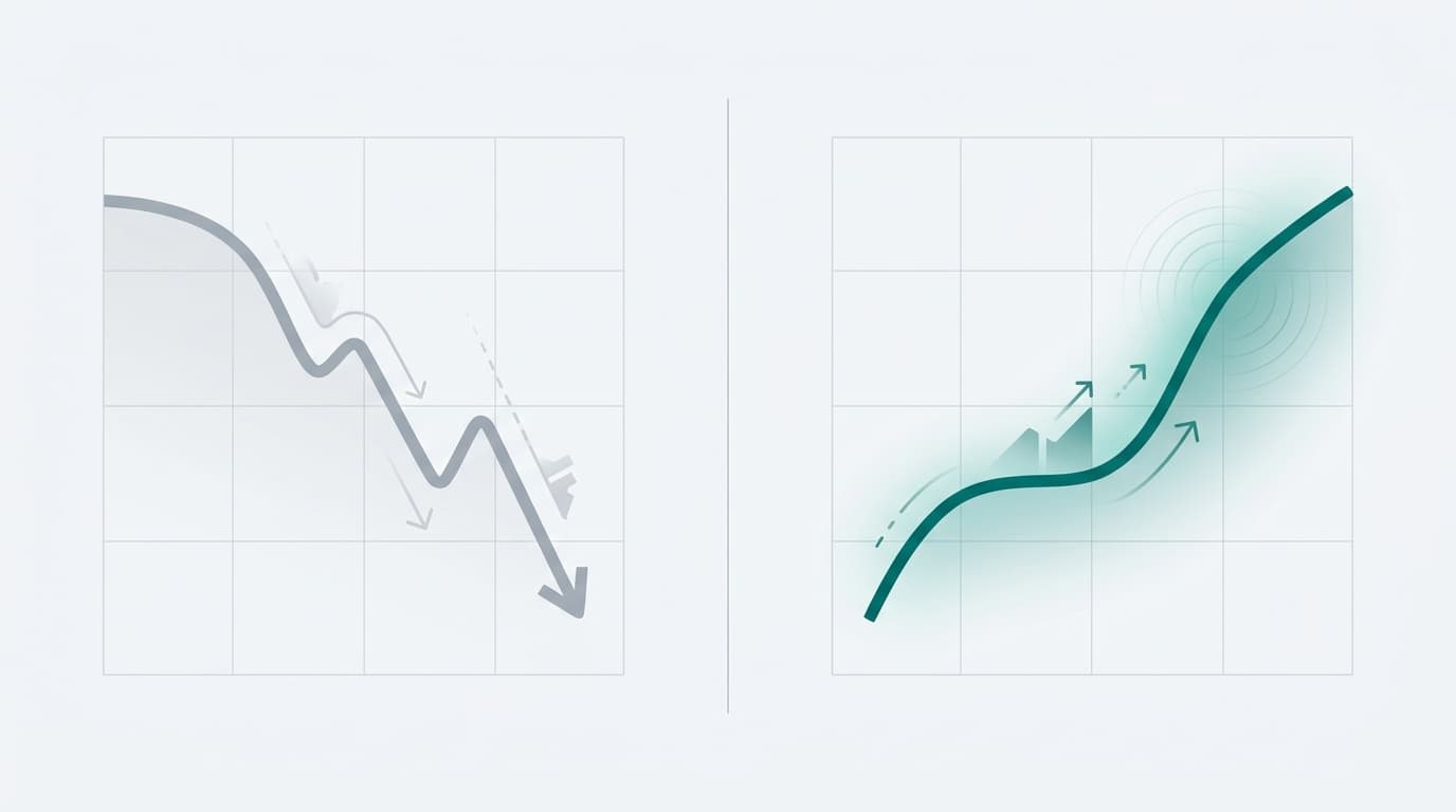 Two abstract line charts side by side showing a declining traffic curve on the left and a recovering upward curve on the right, separated by a clean vertical divider.