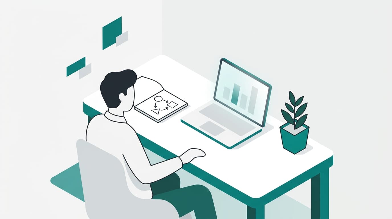 A solo founder works at a clean minimalist desk with a notebook, laptop, and abstract chart shapes rendered in flat editorial illustration style.
