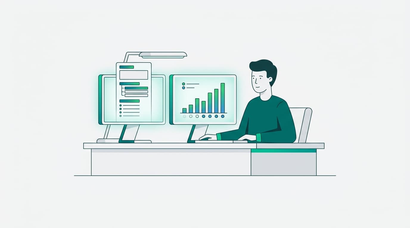 A solo founder at a minimal two-monitor desk reviews a structured content outline alongside SERP ranking data in a clean flat illustration.