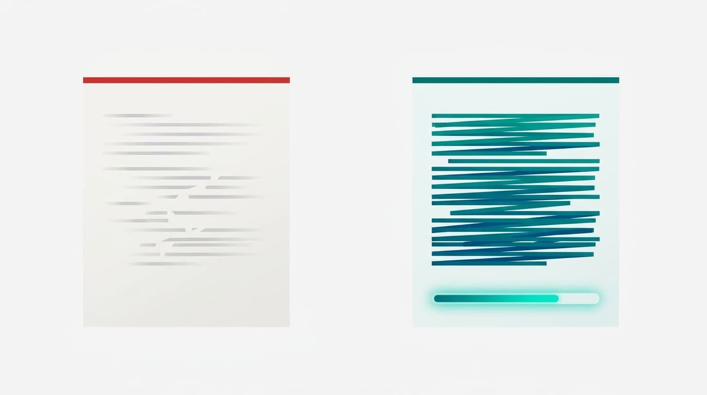 Two abstract document panels side by side contrasting a disengaged reader experience on the left with a high-engagement reading experience on the right, visualized through color and line density.