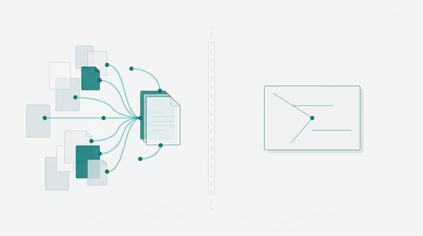 Abstract parallel workspaces contrasting a research-heavy document system with a minimal draft editor, connected by geometric shapes and flowing lines.