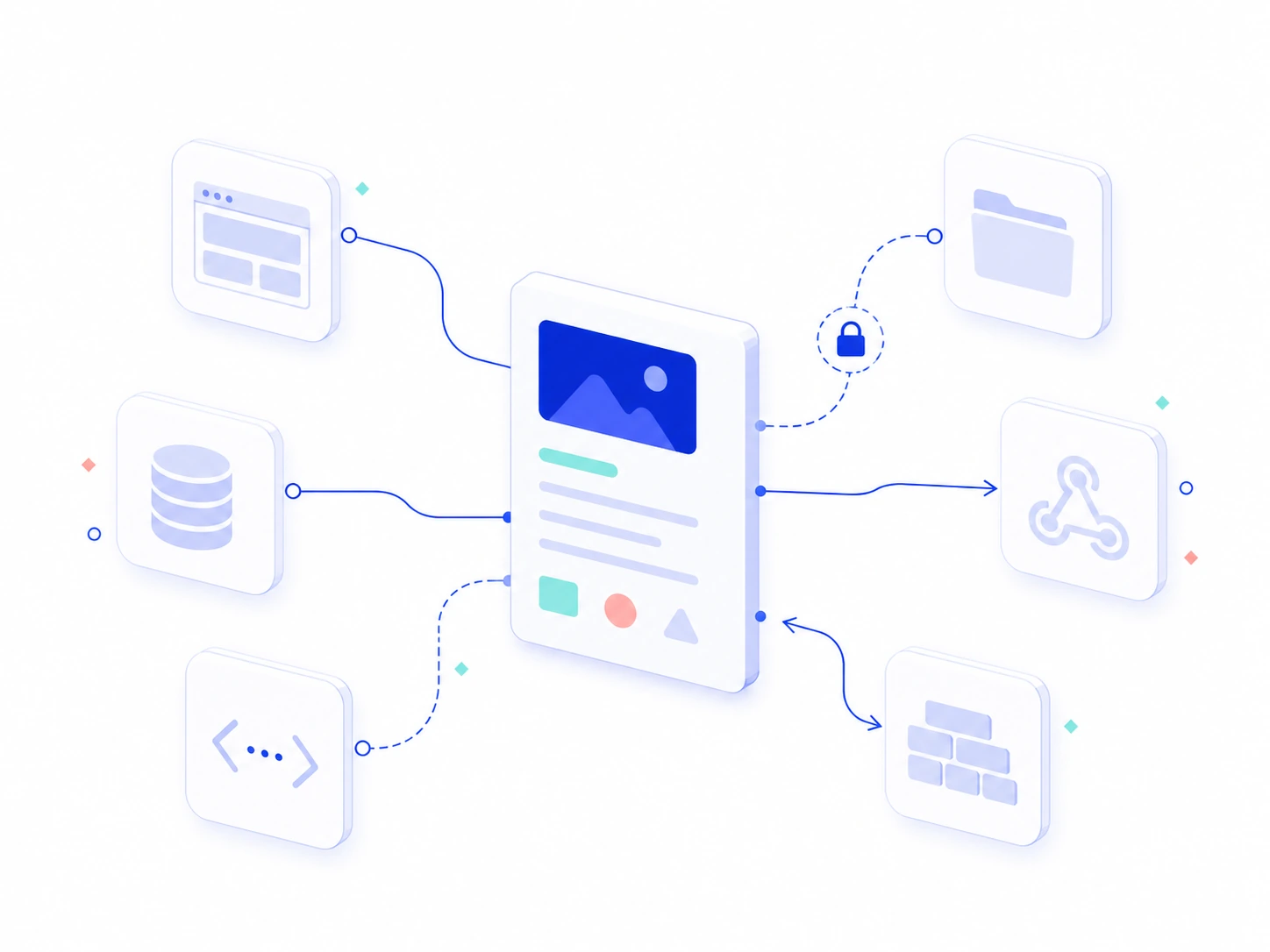 Illustration of one structured page connecting to publishing platforms, repositories, signed webhooks, and custom sites